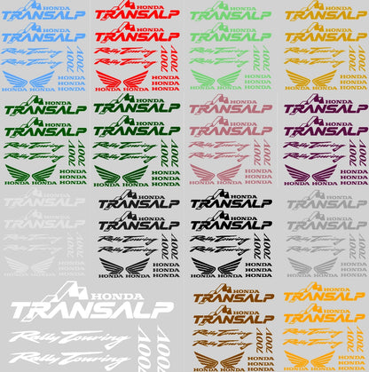Collection of Honda Transalp decals in various colors on a gray background