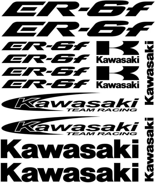 Collection of Kawasaki decals including 'ER-6f' and 'Kawasaki Team Racing' logos.
