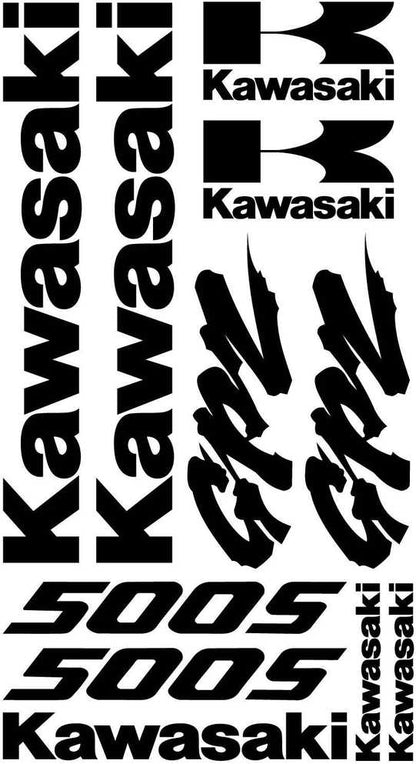 Collection of Kawasaki logos and text on a black background