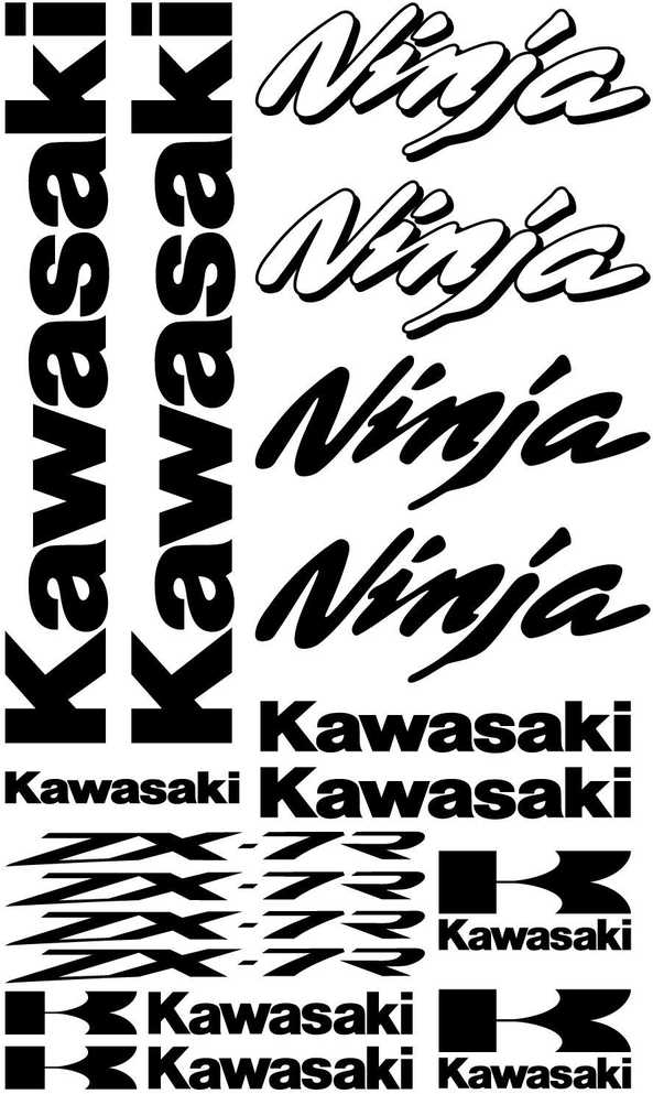 Collection of Kawasaki and Ninja decals in various styles on a white background