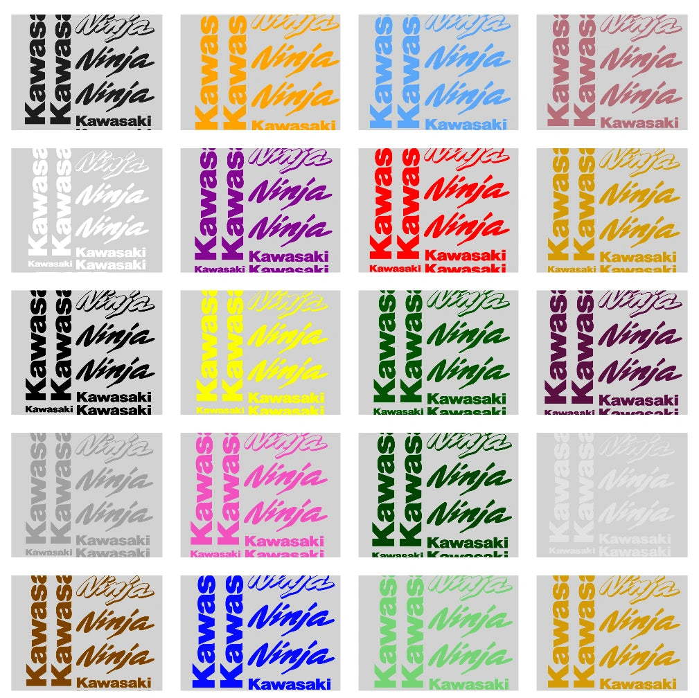 Grid of Kawasaki and Ninja decals in various colors on a white background