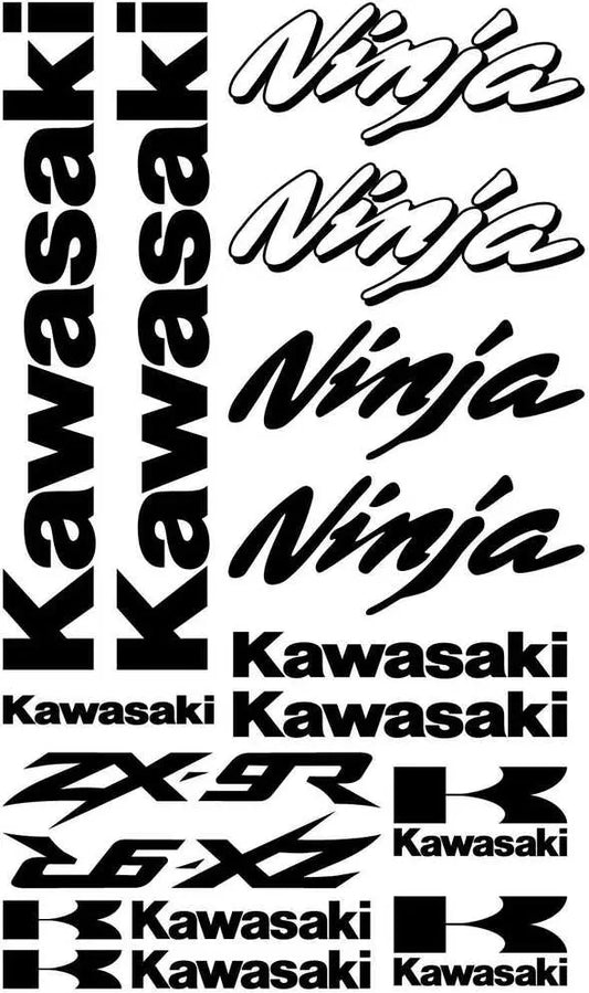 Collection of Kawasaki and Ninja decals on a white background