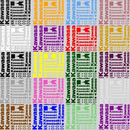 Repeating pattern of Kawasaki logos in various colors on a white background