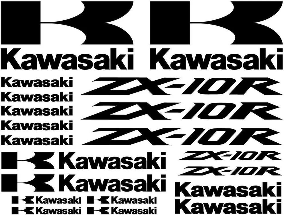 Set of Kawasaki ZX-10R decals in black and white.