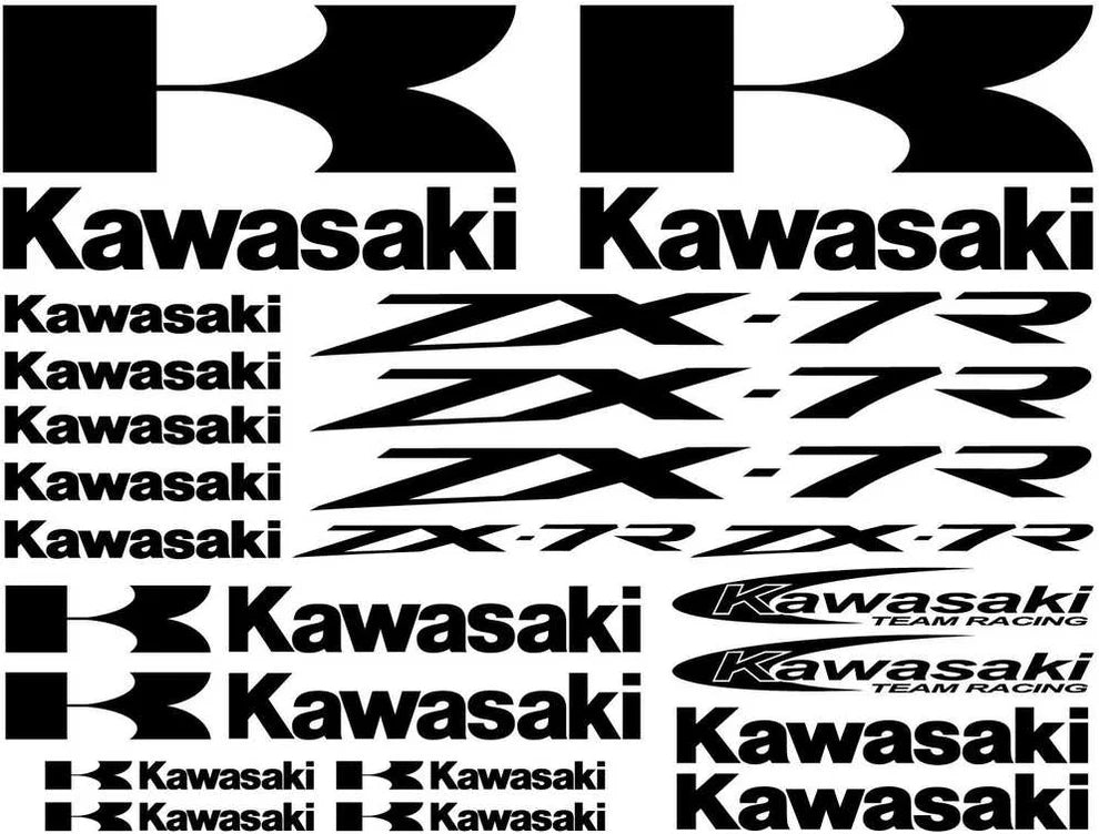Collection of Kawasaki decals and logos in black and white.