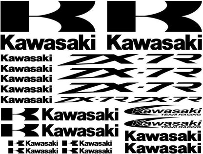 Collection of Kawasaki decals and logos in black and white.