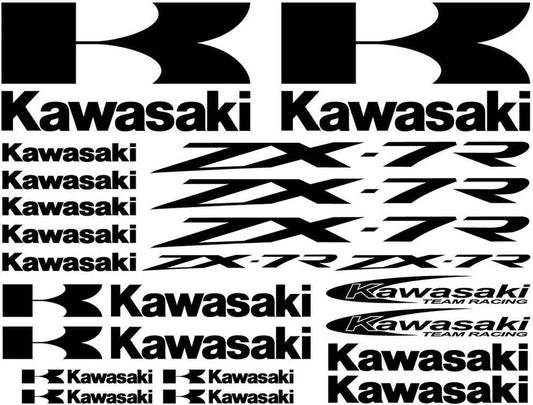 Collection of Kawasaki decals and logos in black and white.