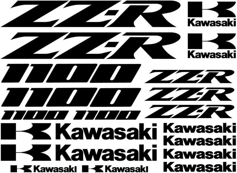 Collection of Kawasaki decals including ZZR and 1100 models.