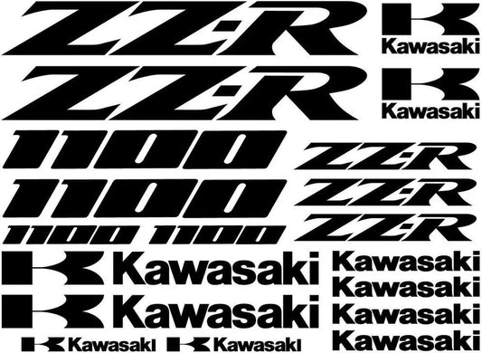 Collection of Kawasaki decals including ZZR and 1100 models.