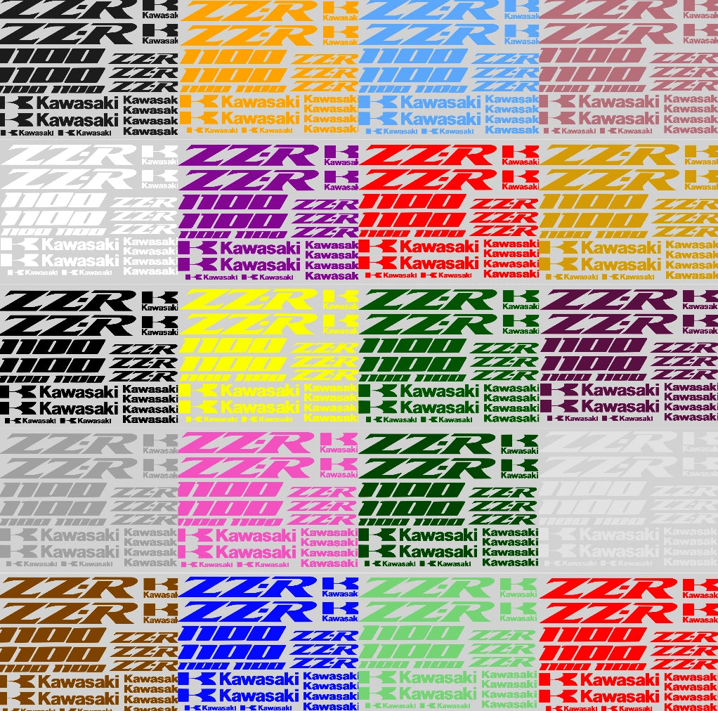 Colorful Kawasaki and ZZR logo pattern on a white background