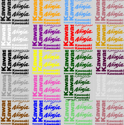 Pattern of Kawasaki and Ninja logos in various colors on a gray background
