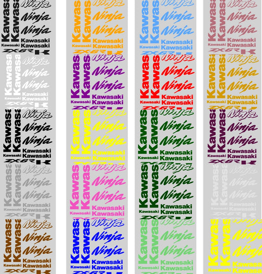 Set of Kawasaki Ninja decals in various colors on a white background