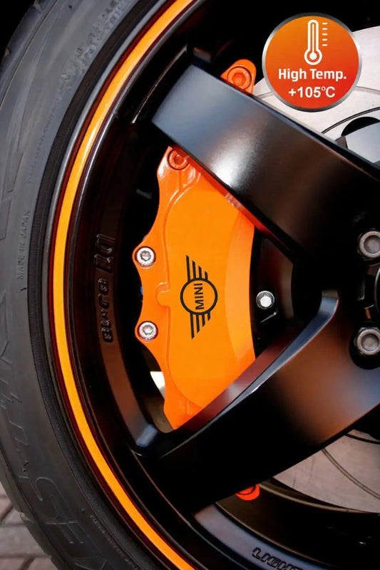 Mini Cooper brake caliper stickers, red, 6 pcs., attached to the calipers