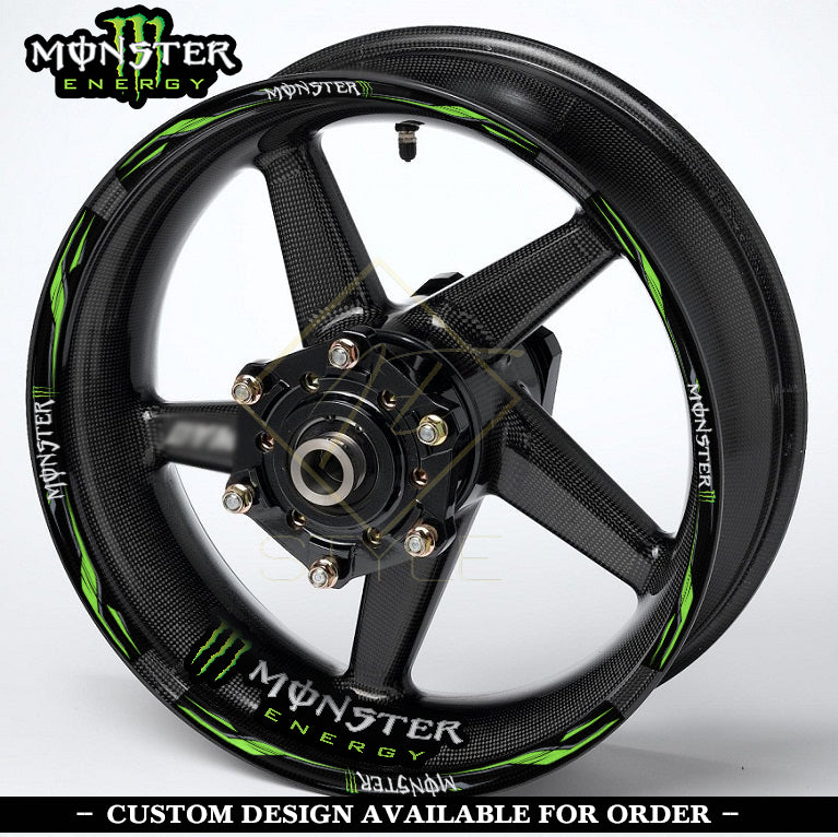 Monster Energy Black wheel decal kit – 20 stickers for 2 wheels, 10mm thick, glossy finish, mirrored graphics, fits Kawasaki, Honda, Yamaha