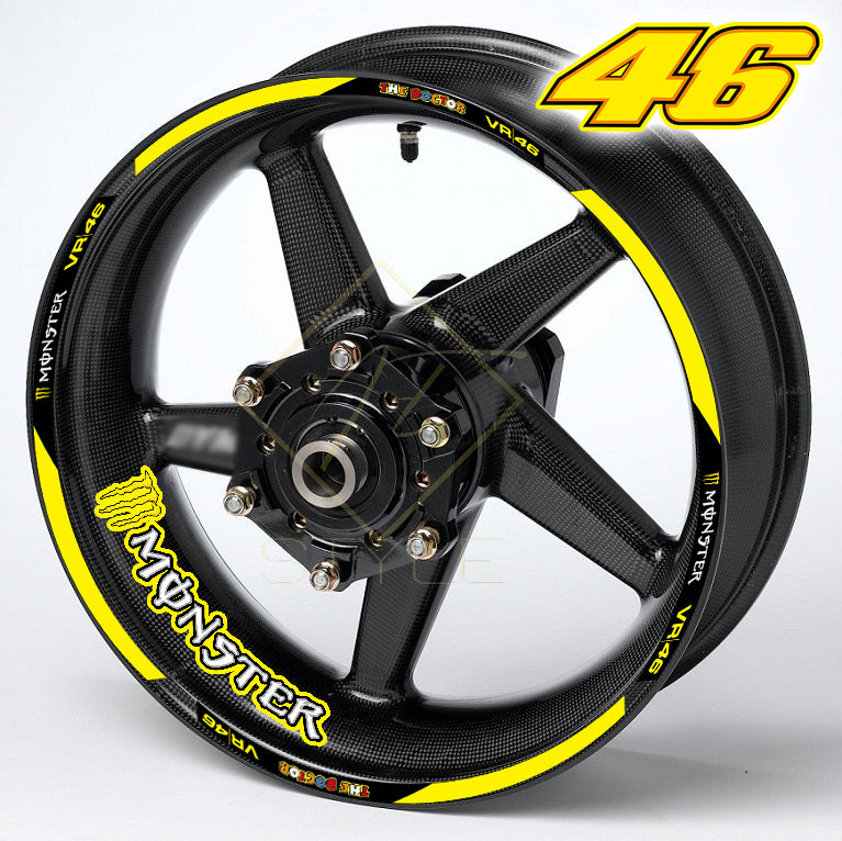 Monster VR46 Universal wheel decal kit – 22 stickers for 2 wheels, 10mm thick, glossy finish, mirrored graphics, fits Kawasaki, Honda, BMW, Yamaha