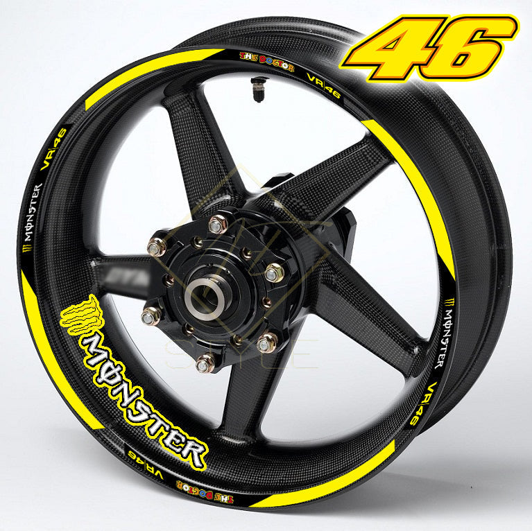 Monster VR46 Universal wheel decal kit 22 stickers for 2 wheels, 10mm thick, glossy finish, mirrored graphics, fits Kawasaki, Honda, BMW, Yamaha
