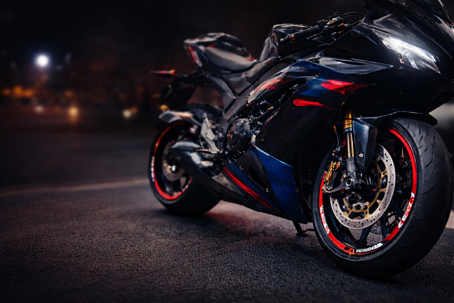 Sport motorcycle wheel with rim stickers and vinyl wheel decals