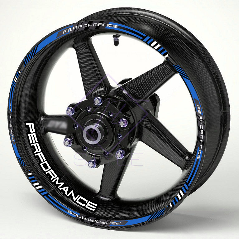 PERFORMANCE motorcycle wheel rim decals – 20pcs universal sticker kit, glossy finish, 10mm stripes, fits Honda, Yamaha, Suzuki, BMW, Triumph, 17" and larger wheels