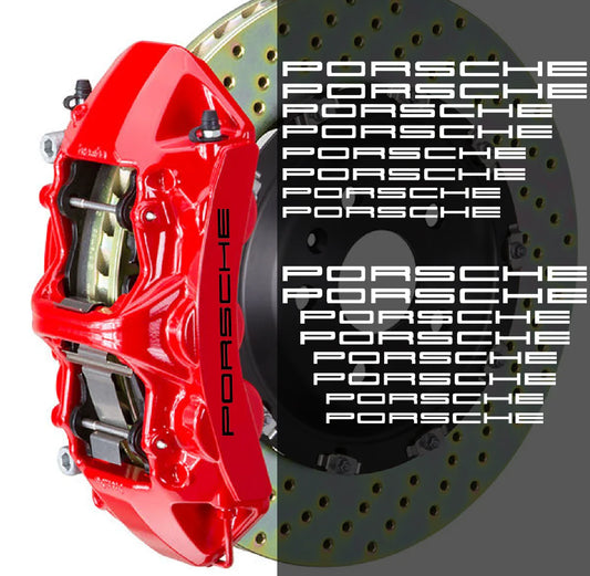 Red Porsche brake caliper and black Porsche brake disc with multiple 'Porsche' text on a white background.