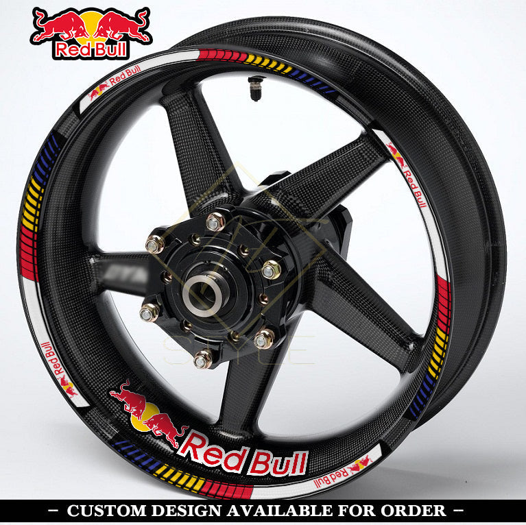 RedBull Universal wheel decal kit 20 stickers for 2 wheels, 10mm thick, glossy finish, mirrored graphics, fits Honda, Yamaha, Kawasaki, BMW