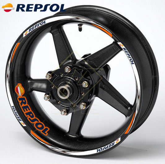 REPSOL motorcycle wheel decals – 20pcs rim sticker kit with glossy finish, 10mm stripes, mirrored graphics, universal fit for Honda, Yamaha, Suzuki, Kawasaki