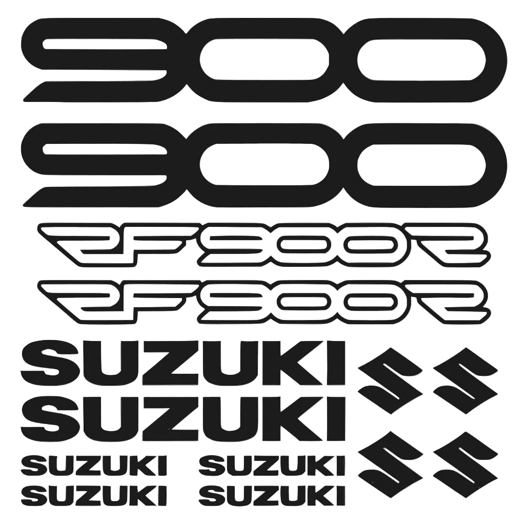 Set of black Suzuki decals on a gray background