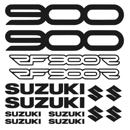 Set of black Suzuki decals on a gray background