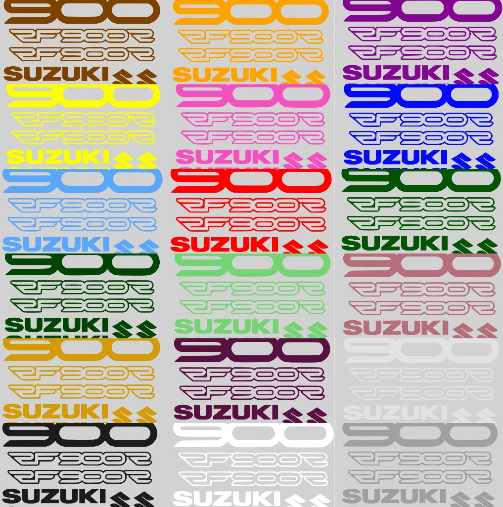 Colorful Suzuki 900 decals arranged in a grid on a gray background