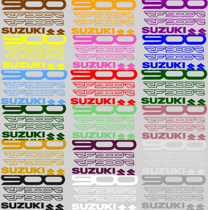 Colorful Suzuki 900 decals arranged in a grid on a gray background