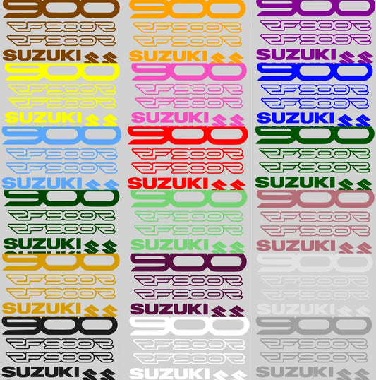 Colorful Suzuki 900 decals arranged in a grid on a gray background
