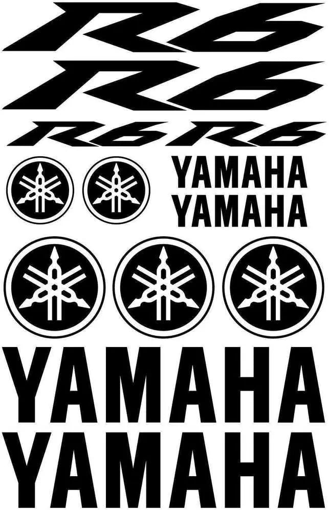 Set of Yamaha decals including 'R6' and brand logos on a black background