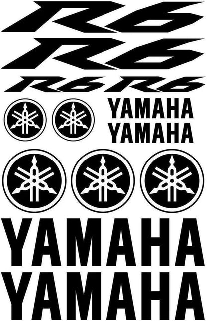 Set of Yamaha decals including 'R6' and brand logos on a black background