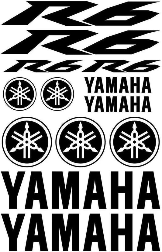 Set of Yamaha decals including 'R6' and brand logos on a black background
