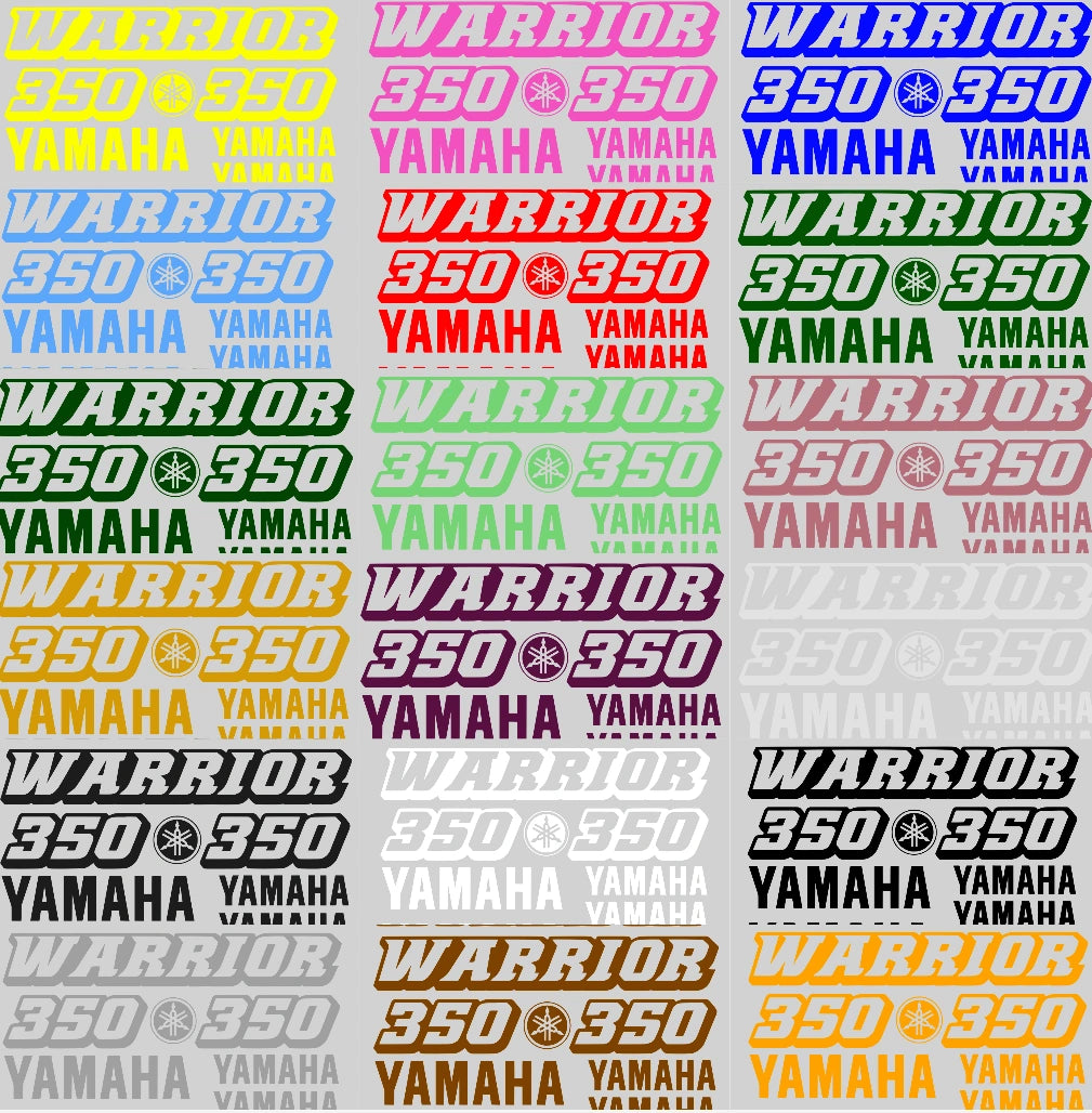 Repetitive pattern of 'Warrior 350 Yamaha' text in various colors on a white background