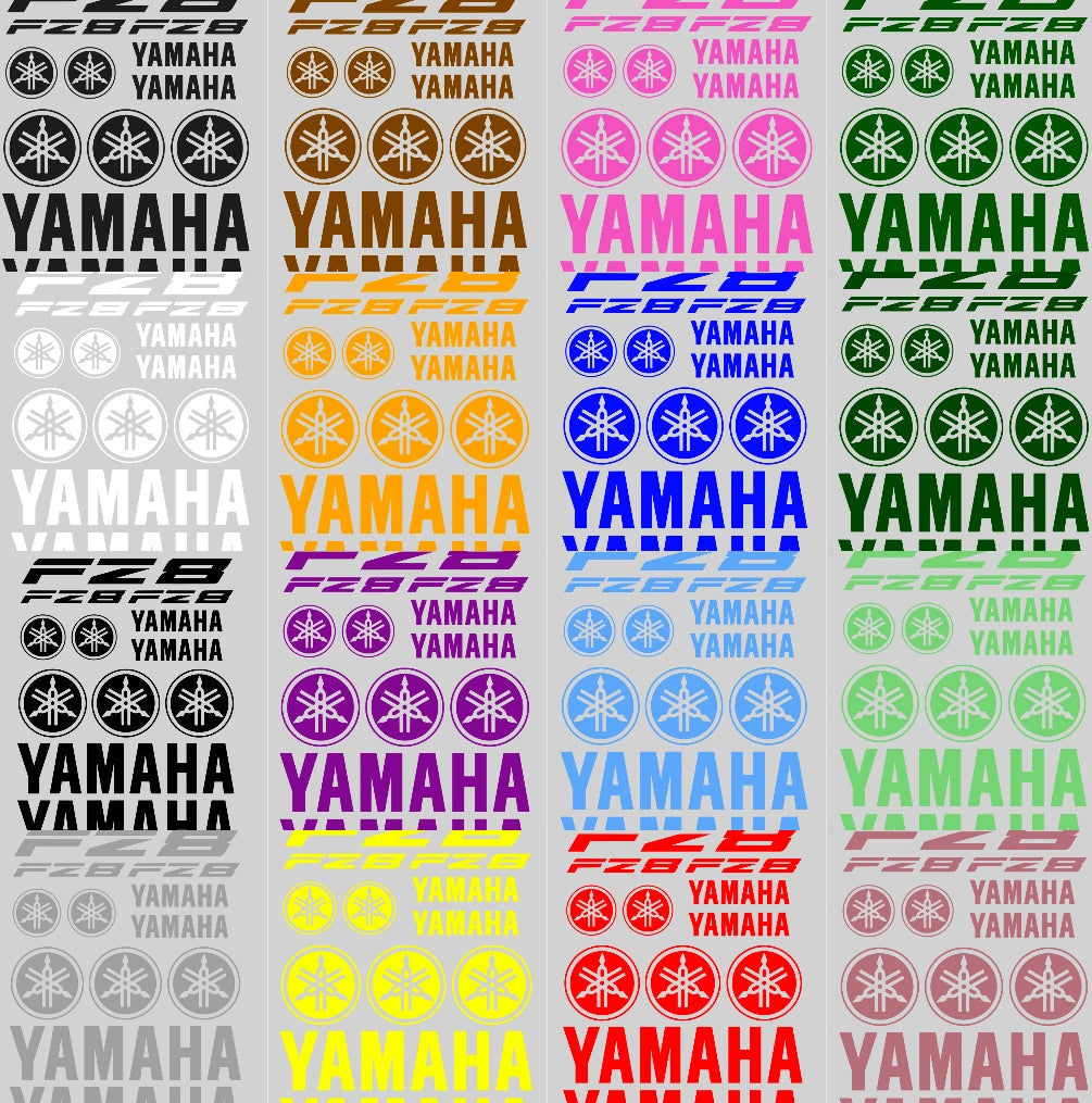 Collection of Yamaha logos and branding in various colors on a gray  background