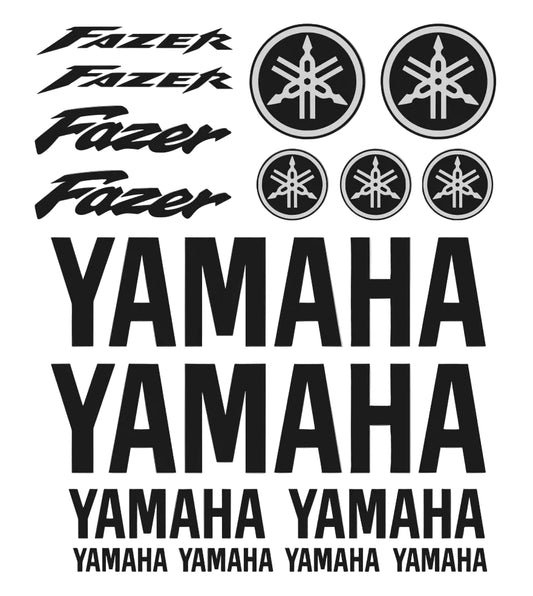 Set of Fazer and Yamaha logos and text on a gray background
