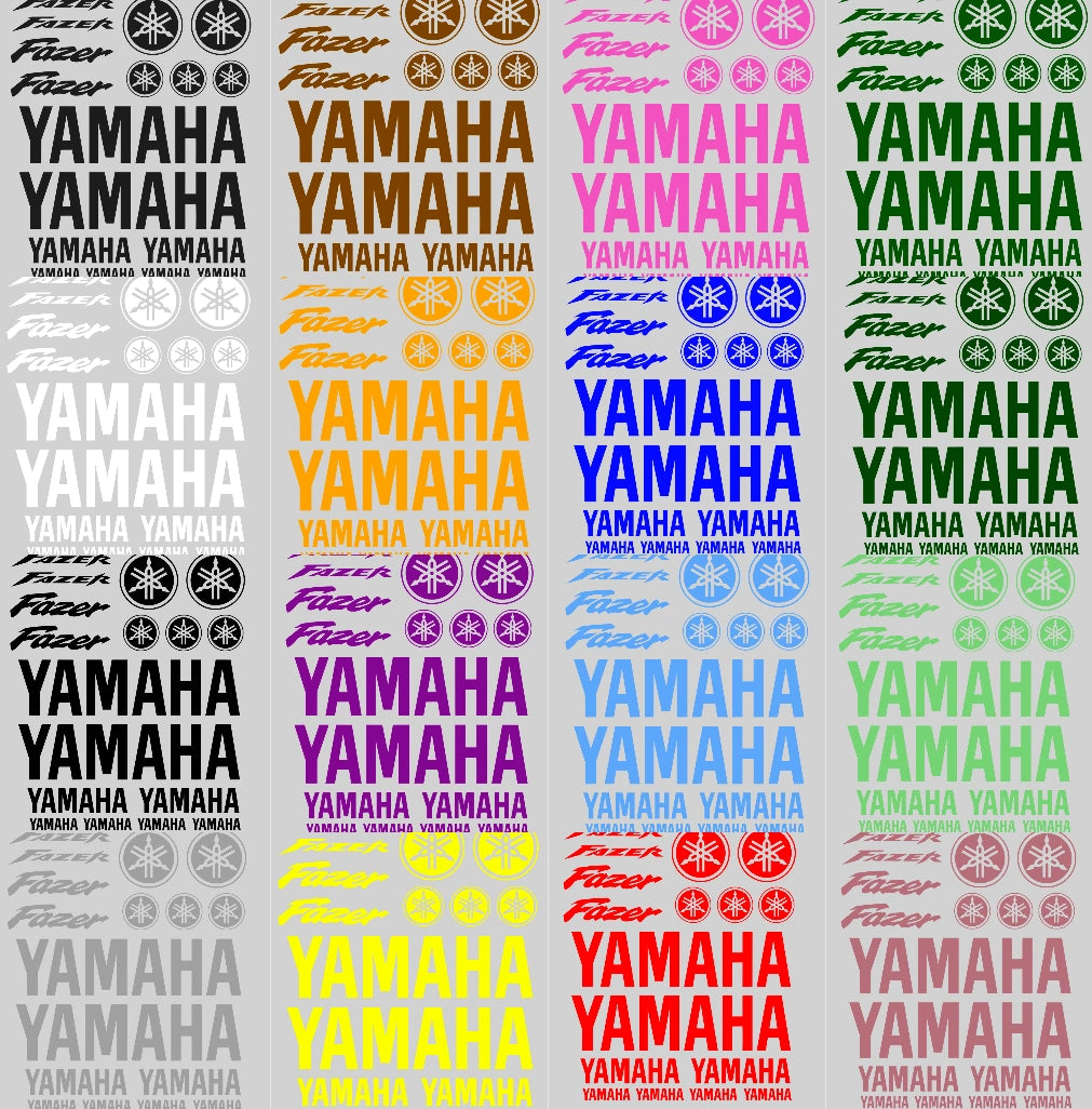 Repetition of Yamaha logos and text in various colors on a light gray background