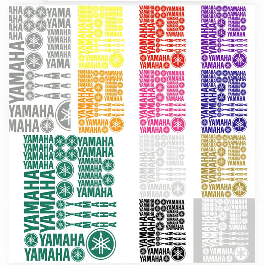 Set of colorful Yamaha logo and text decals on a white background