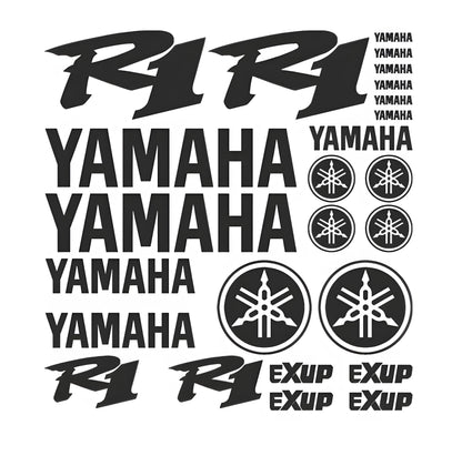 Yamaha R1 decals and logos on a white background