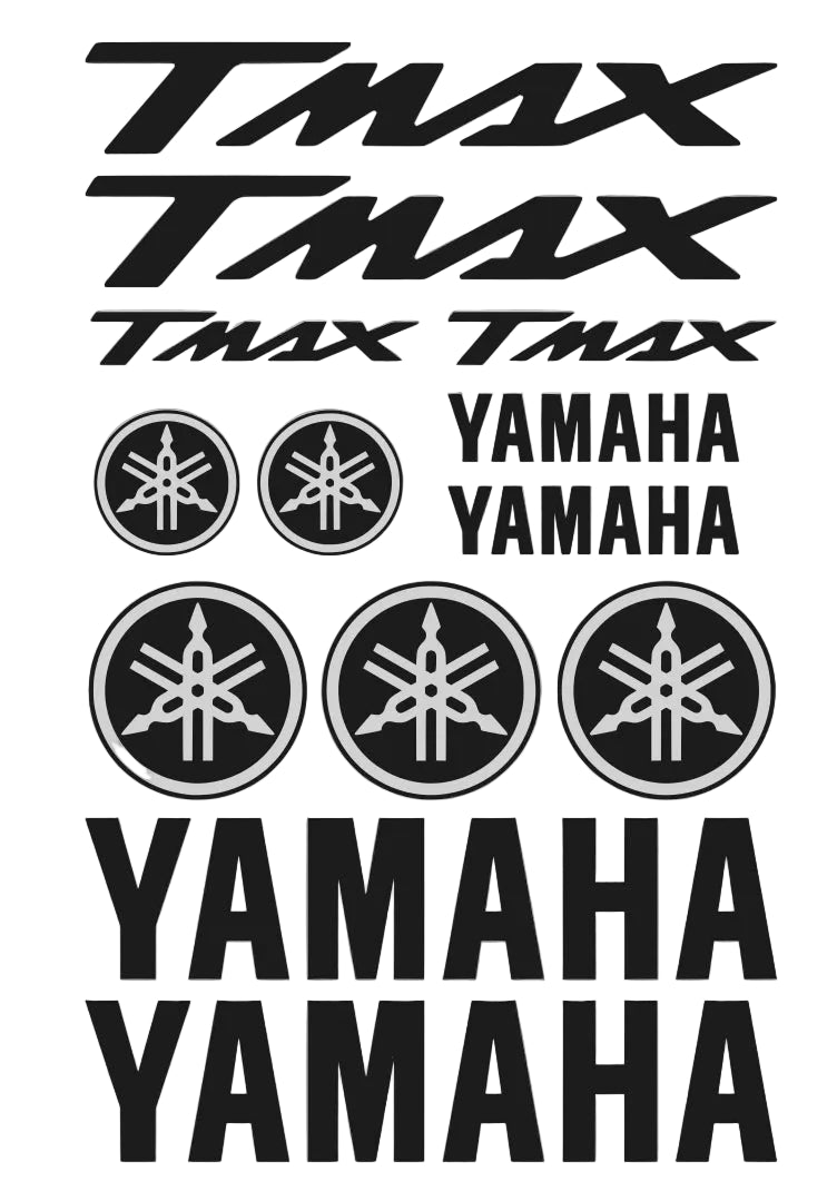 Set of Tmax and Yamaha decals on a gray background