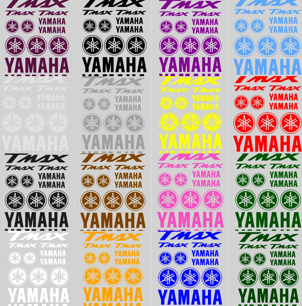 Collection of Yamaha and Tmax logos in various colors on a white background