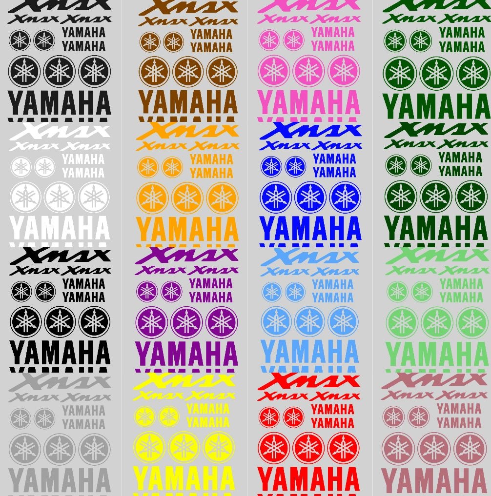 Repetitive pattern of Yamaha logos in various colors on a gray background