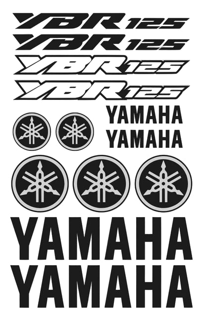 Yamaha YBR 125 decals and logos on a gray background
