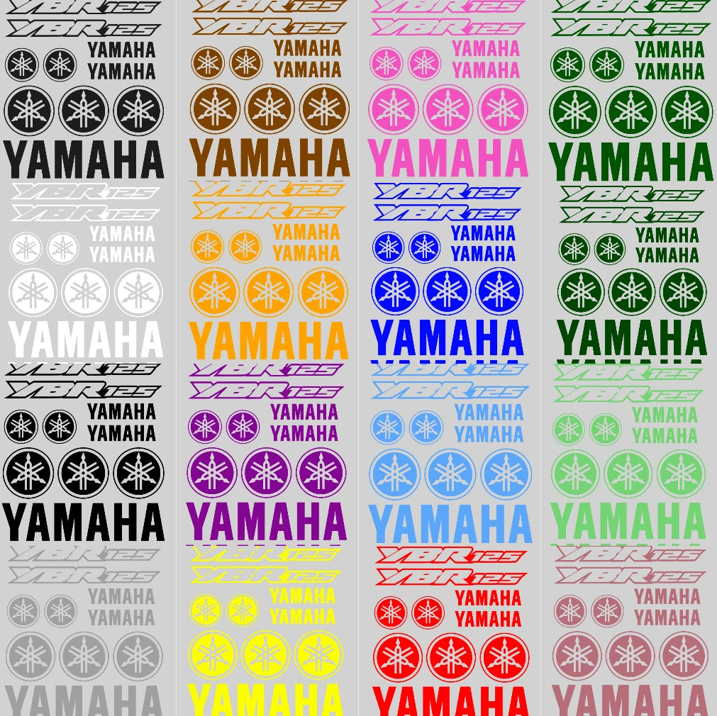 Collection of Yamaha logos and text in various colors on a gray background