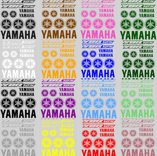 Collection of Yamaha logos and text in various colors on a gray background